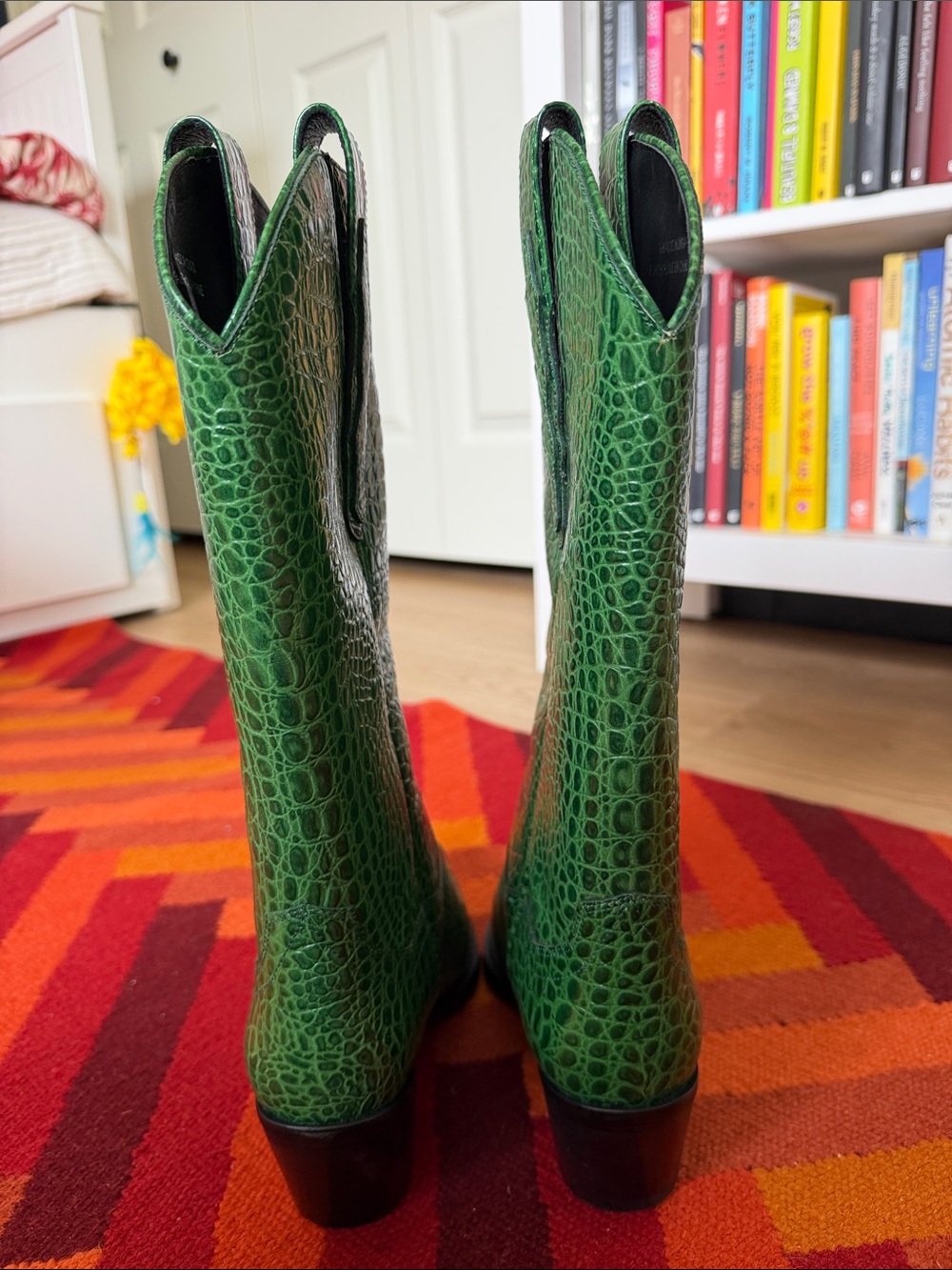 Jeffrey Campbell Green Croc-Embossed Pointed-Toe Mid-Calf Boots - Picture 3 of 4